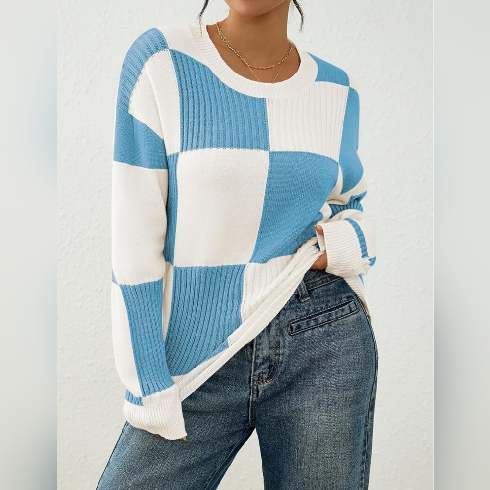 Long Sleeve Checkered Pullover Sweater